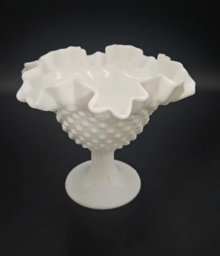 Fenton Milk Glass Hobnail Ruffled Compote