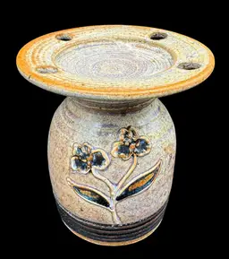 Studio Art Pottery Stoneware Toothbrush Cup Holder Floral Beige Blue 5.5”