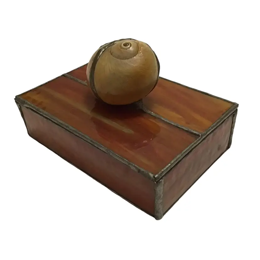 Vintage Slag Glass Stained Glass Trinket Jewelry Box Hinged Chain and Seashell on top 6"x4"