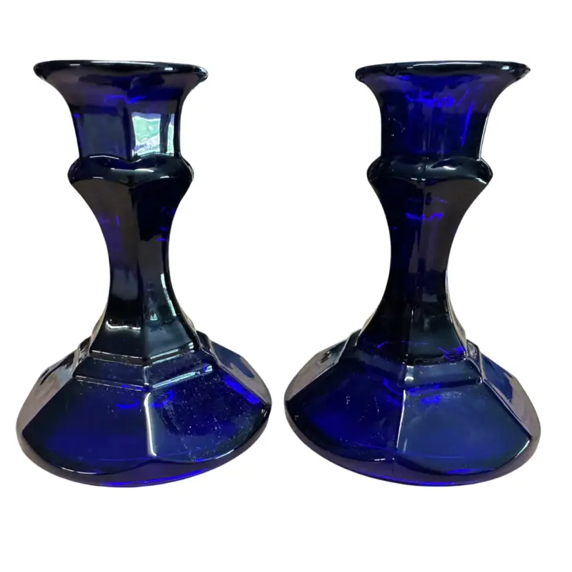 Cobalt Blue Glass Candle Stick Holders, Pair