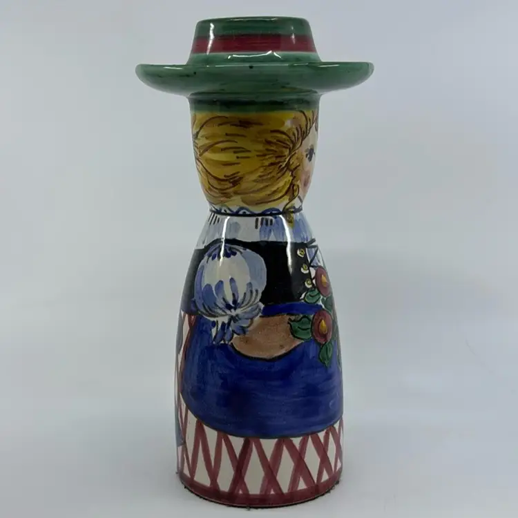 Vintage Art Pottery Candle Holder Peasant Woman with Flowers Ceramic 8"