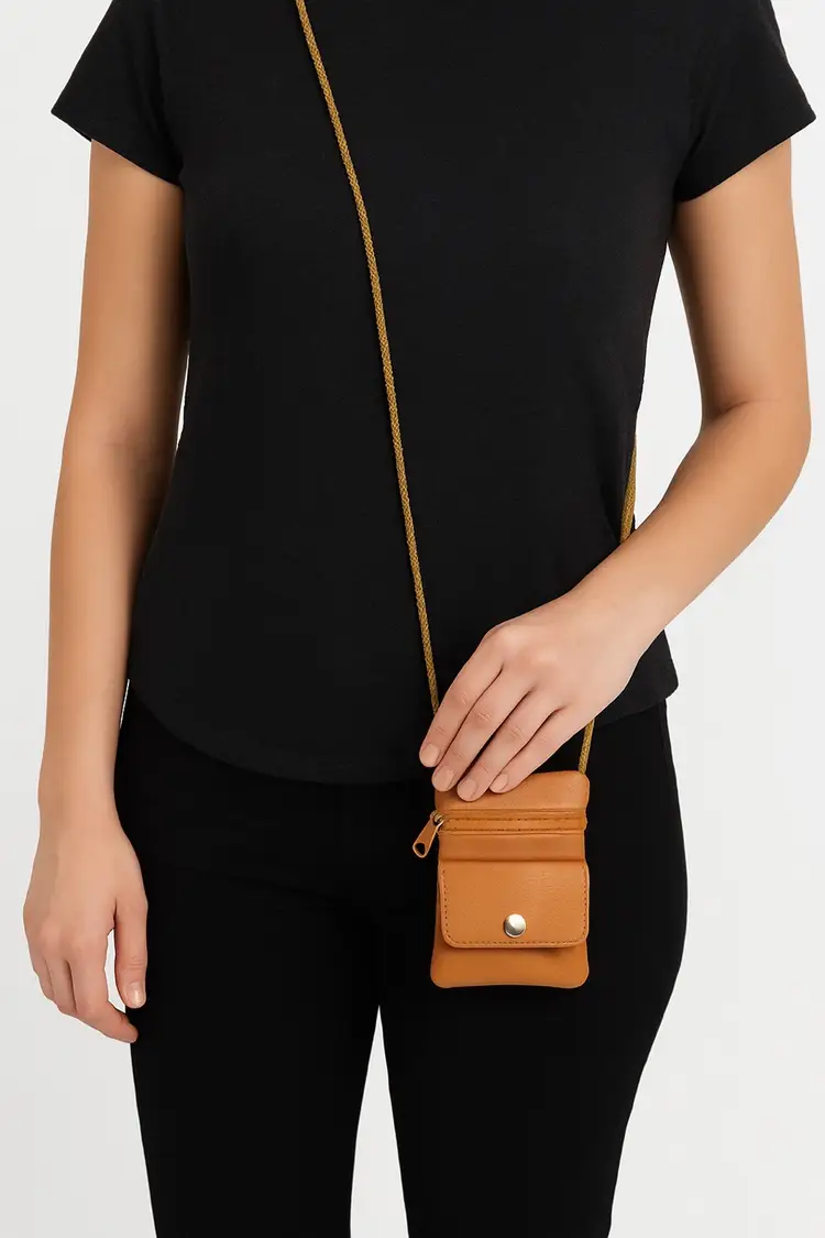 New Tan Leather mini Crossbody Bag with Multiple Zippered Compartments