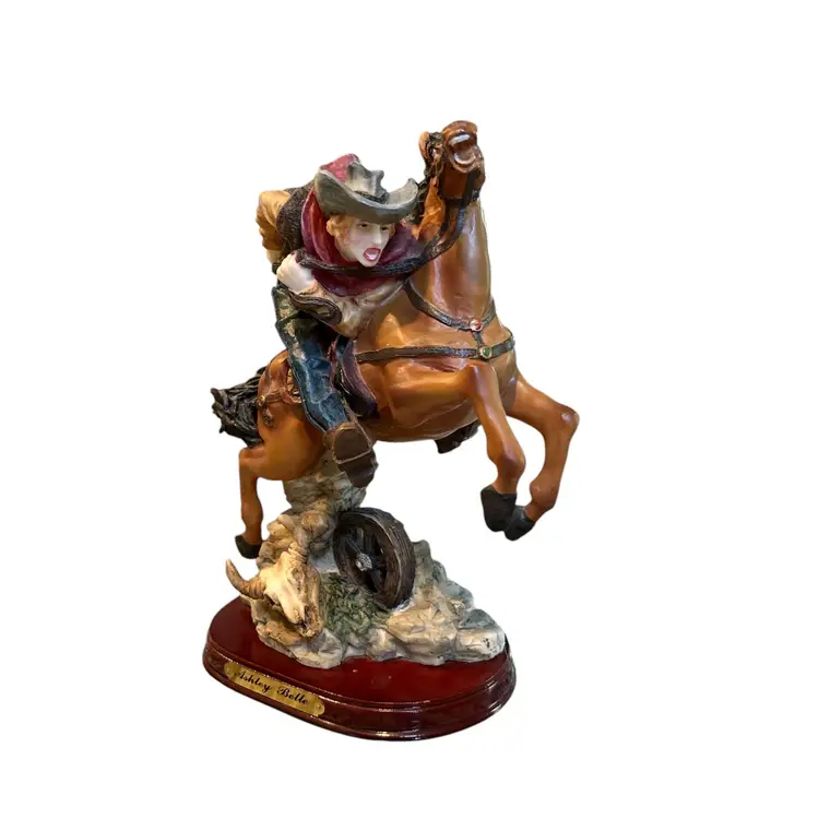 Vintage Ashley Belle Young Lad Riding Horse Resin Figurine on Wood Platform