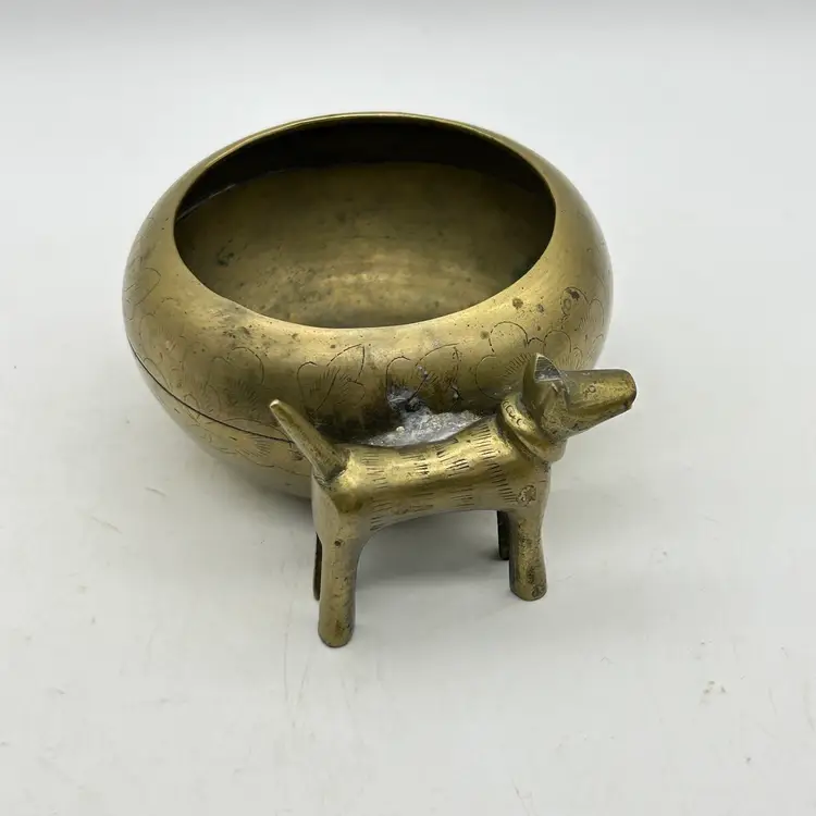 Vintage Brass Ashtray Incense Burner With Terrier Dog Engraved Flower Motif On Outside