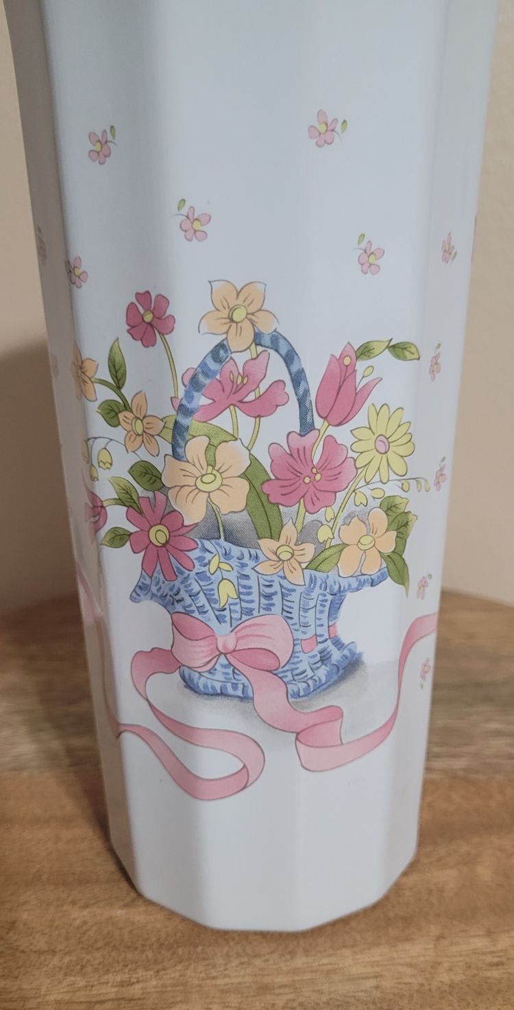 Vintage Porcelain Vase White Multi Colored Floral Basket Pattern 8-1/2"
