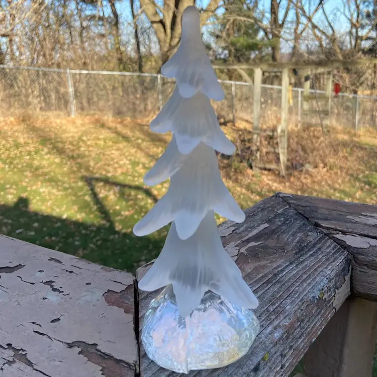 Frosted Glass Christmas Tree With Clear And Polished Glass Base. Clear. UV Reactive On Tree And Base. Unmarked. Resembles Examples By Reijmyre Sweden. 7.25”h.