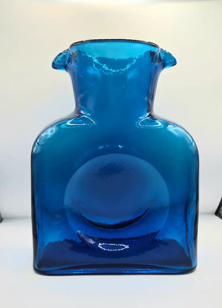 Blenko 384 Water Bottle in Vintage Turquoise Shade. 8.5" x 6.5" x 3". Older Version of Water Bottle.