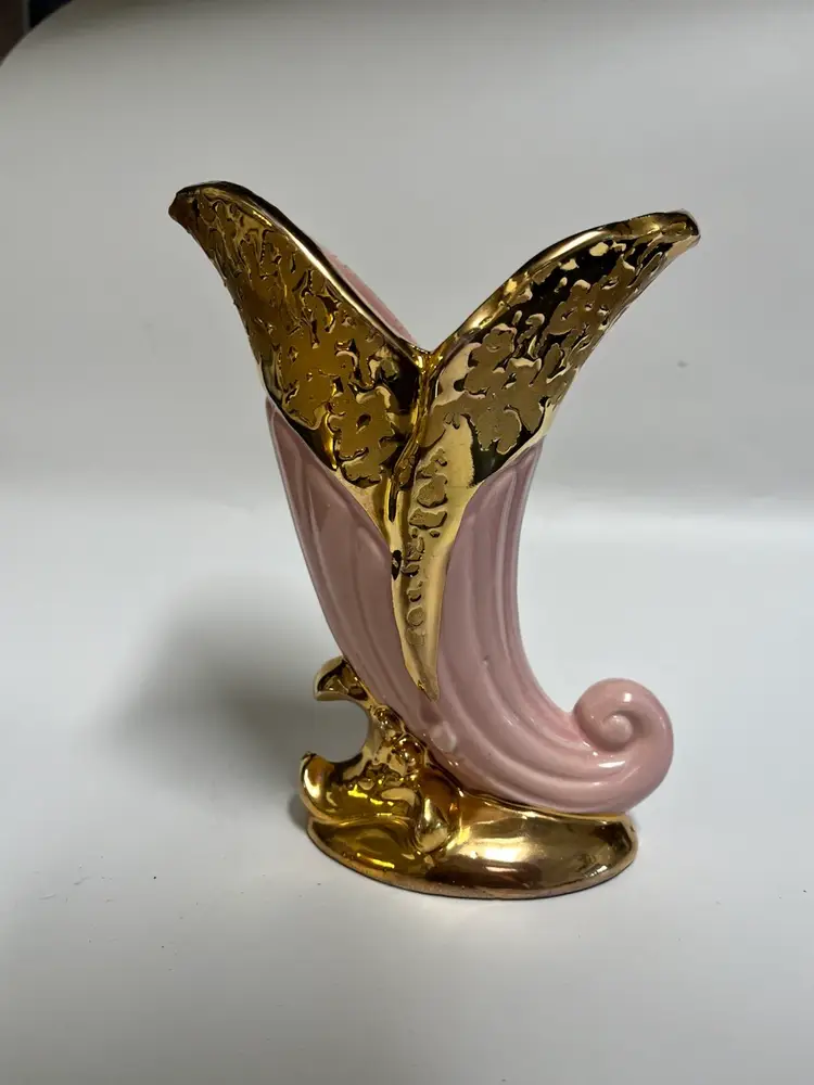 Glam! Hollywood Regency- Pink & Gold Cornucopia Vase - Planter- Mid-Century USA Pottery.- Weeping Gold & Pink- 6”x 6”- Savoy
