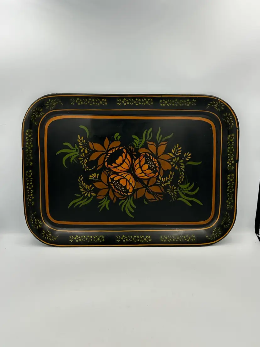 Vintage Toleware Painted Tin Metal Centerpiece Tray Folk Art Pa Dutch