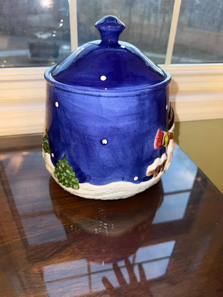 Vintage Christmas Holiday Ceramic Blue Snowman Cookie Jar 9.5” Tall