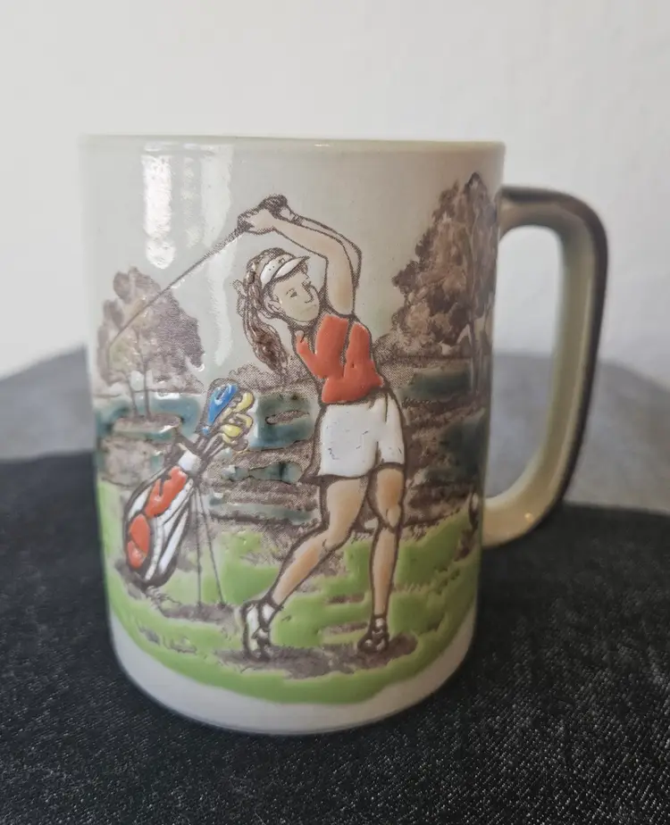 Vintage Otagiri Female Golfer Ceramic Embossed Stoneware Coffee Cup