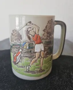 Vintage Otagiri Female Golfer Ceramic Embossed Stoneware Coffee Cup