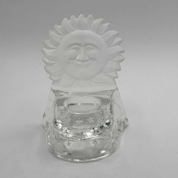 Celestial Sun Frosted And Clear Glass Vintage Tea Light Candle Holder