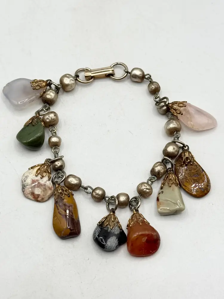 Vintage stone and pearl chain charm bracelet