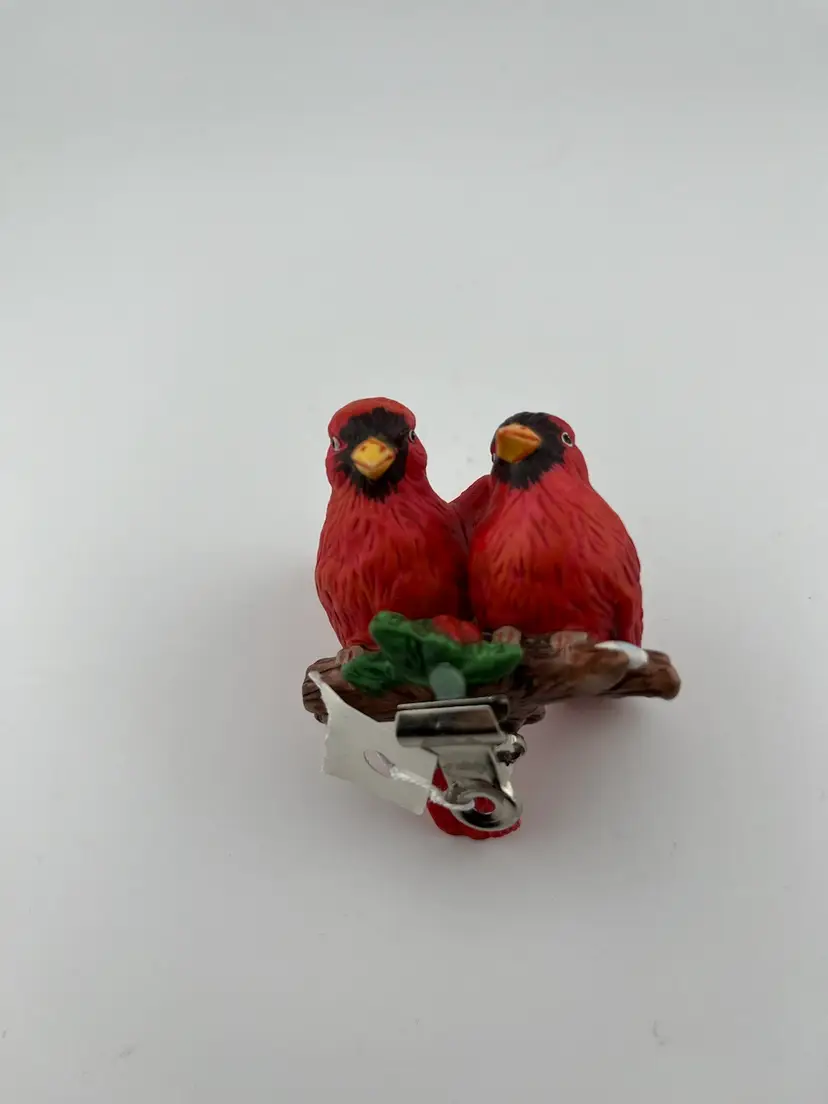 2 Ceramic Cardinals on a Branch with Holly and Berries