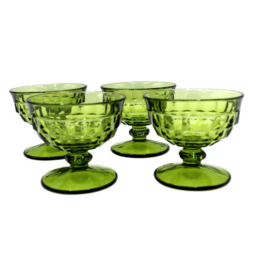 Vintage Set of 4 Whitehall Colony Green Indiana Glass Cubist Dessert Dishes