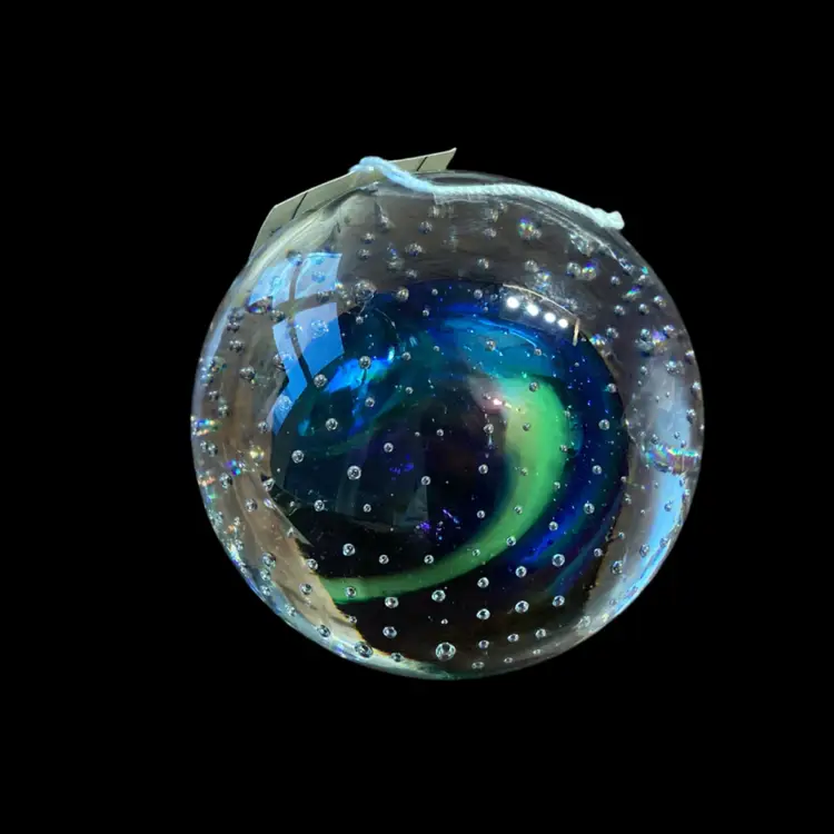 Marian Pyrcak (M.P.) Blue & Green Swirl Poland Studio Art Glass Orb Paperweight