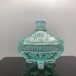 Vintage Fenton Blue Opalescent Footed Hobstar Hexagon Covered Trinket Box/Candy Dish