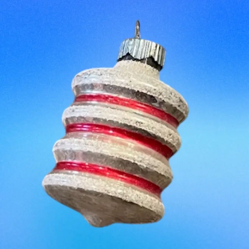 Shiny Brite Atomic UFO Lantern Barrel Glass Ornament Red Silver White Mica VTG