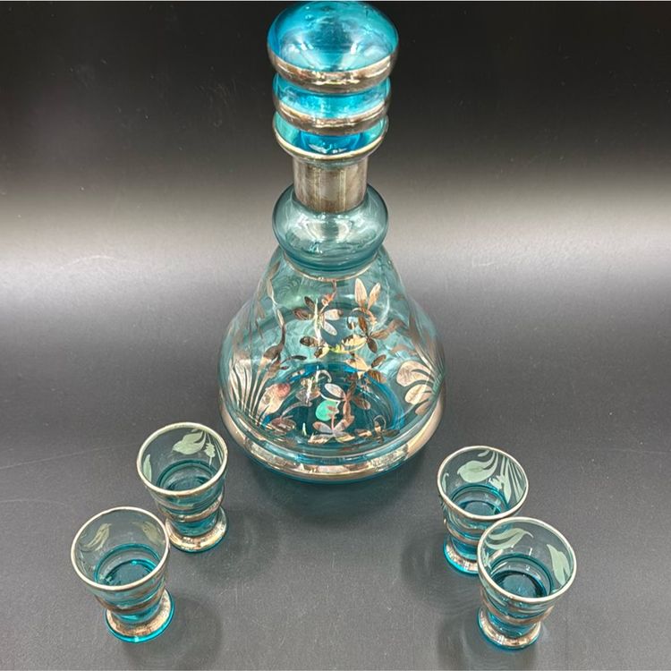 Italian handblown painted Sea blue decanter set