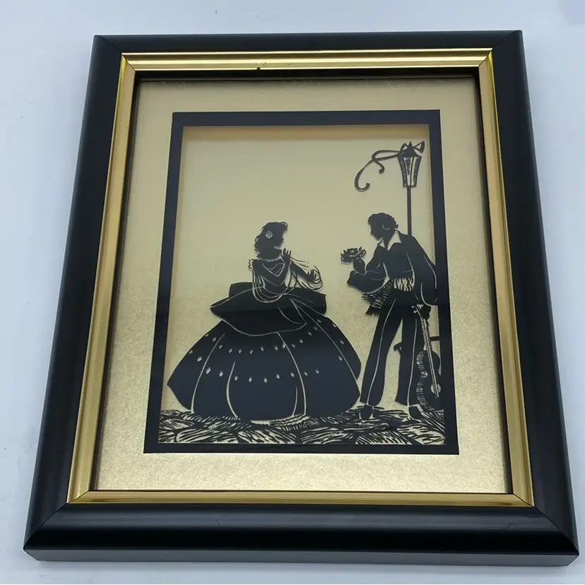 #2419 Reverse Painted Silhouette Framed Artwork Gold Background Professionally Framed.