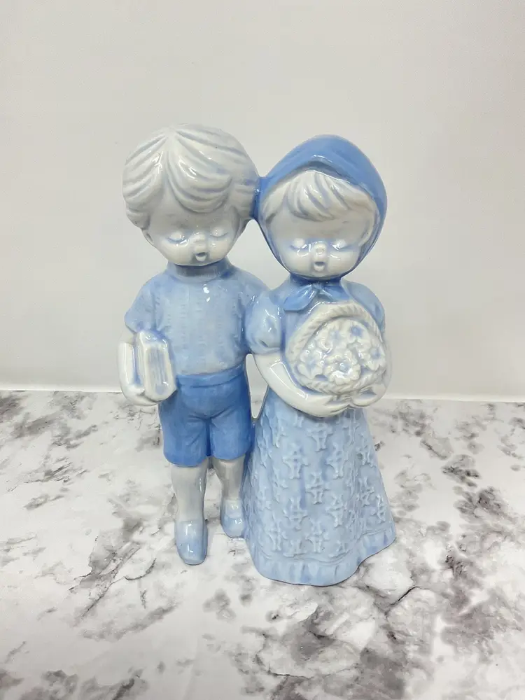 Ceramic Blue School Boy and Girl With Flowers Figurine Signed By Elli 1975