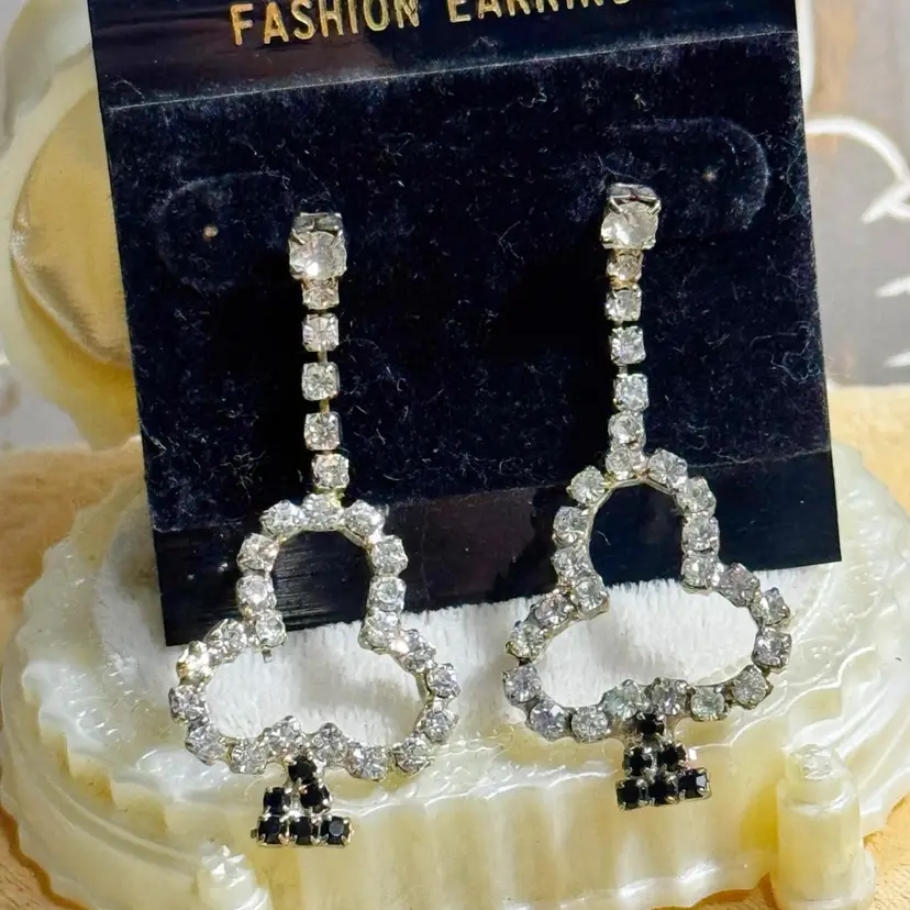 Vintage Clubs Rhinestone Earrings Pierced 2”