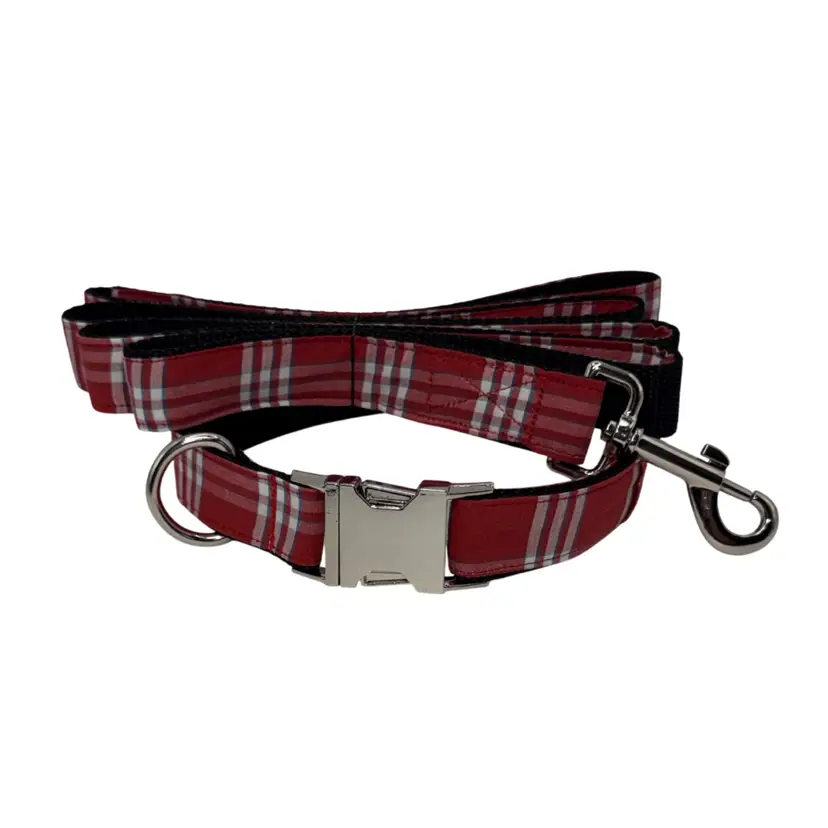 Dog Collar & Leash Plaid Red & White Large Handmade Heavy Duty Metal Buckle New