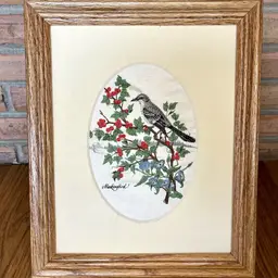 Vintage Wood Framed Quilted Mockingbird Picture 11x9 Flowers Cottage Gallery