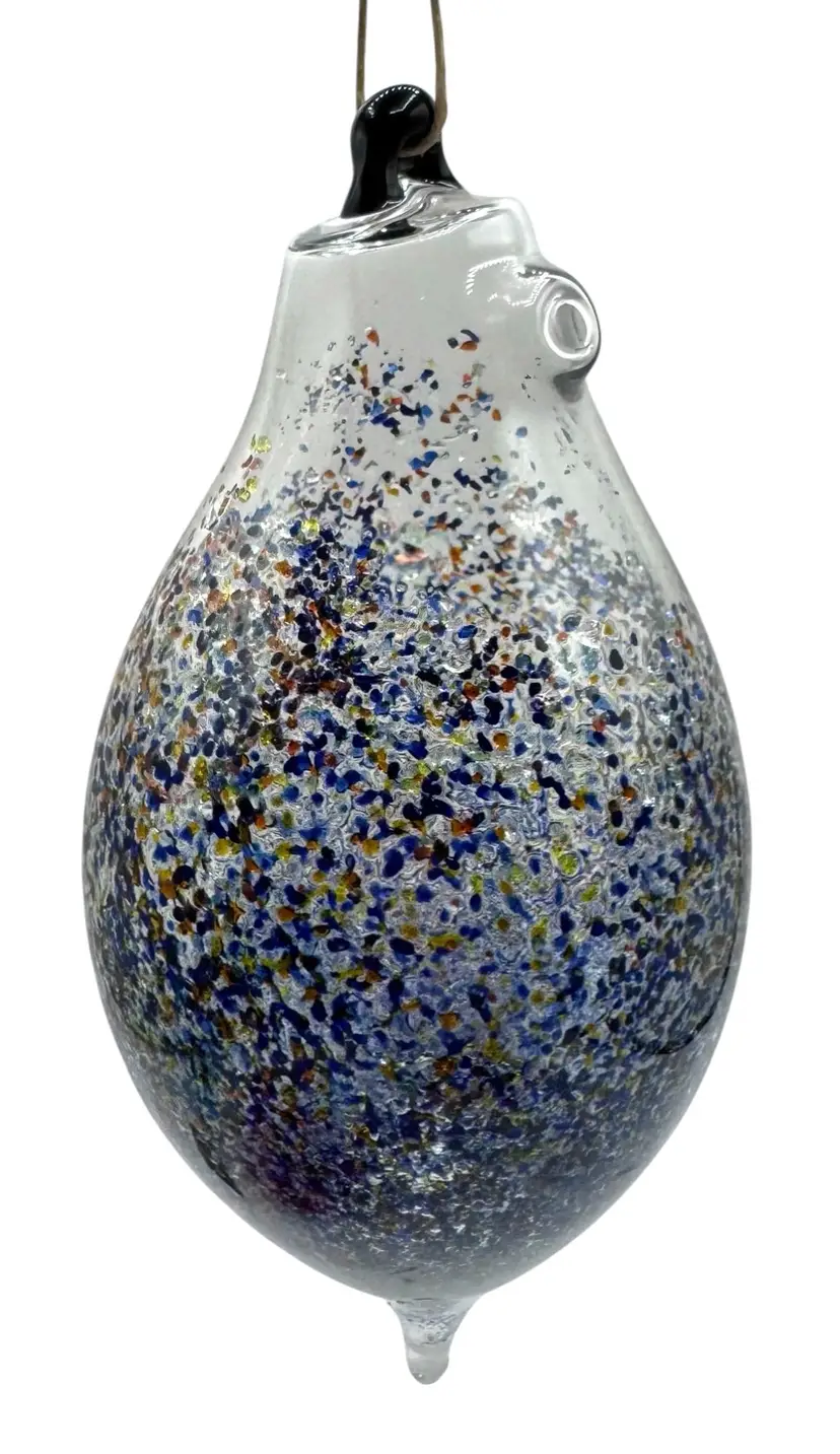 Hand Blown Glass Ornament Hanging Suncatcher Navy Blue Amber Frit Teardrop 6”