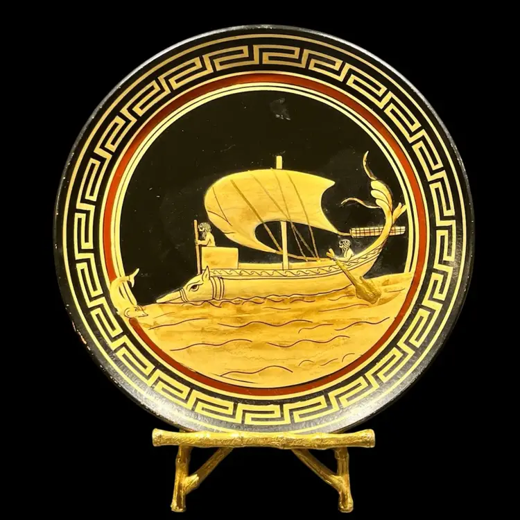 Greek Pottery- Wall Plate – 7.25” – Ancient Ship Scene - Vintage-Signed by Lhassapis