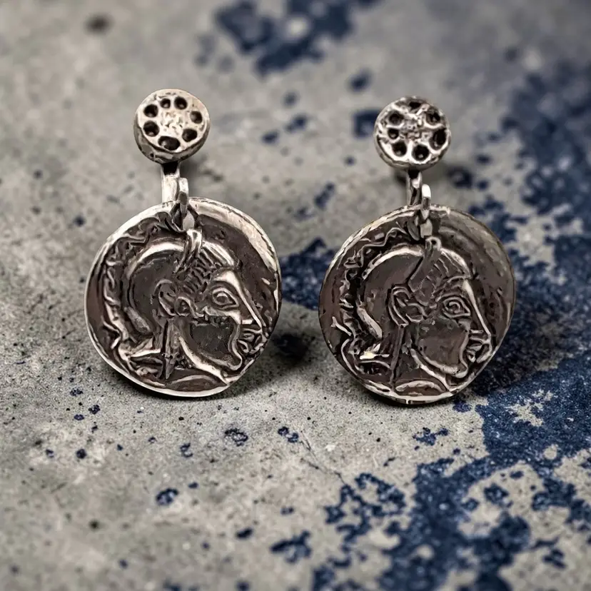 Ancient Athenian Coin Greek Goddess Athena Replica Silver Tone Clip on Earrings