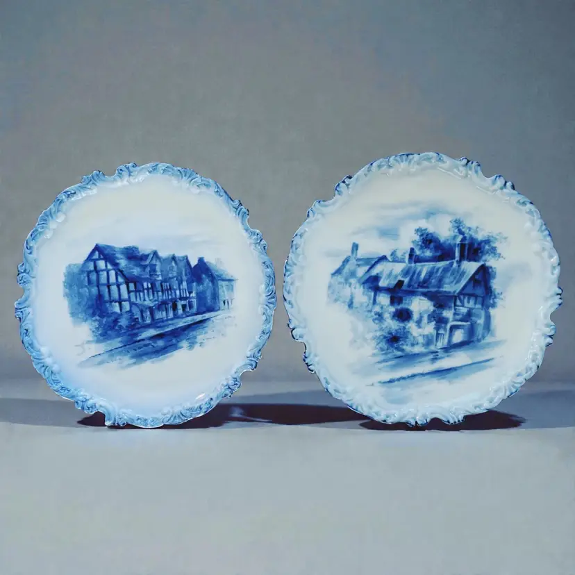2 Antique Doulton Burslem Blue Shakespeare & Anne Hathaway's Cottage Plates READ
