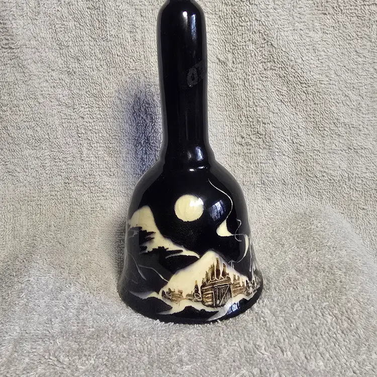 Hand-Painted Alaska Pottery Bell – Midnight Cabin Scene – Signed Anchor Point