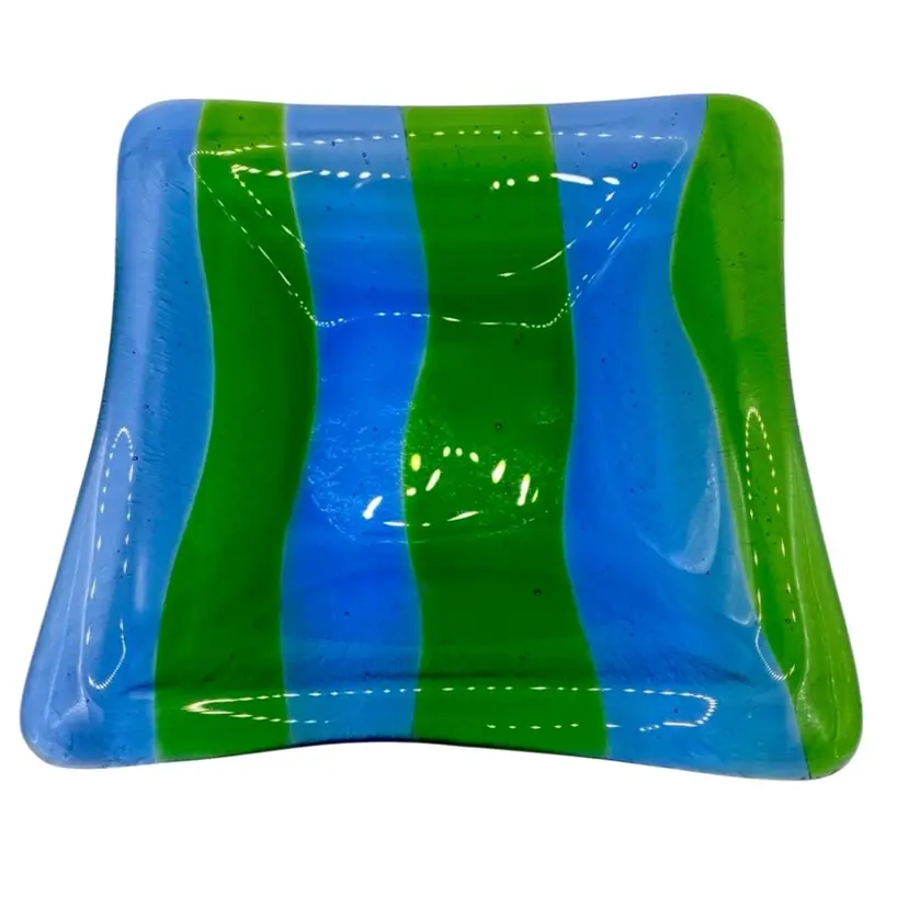Fused Art Glass Dish, Cornflower Blue & Kelly Green, Stretched Glass/Bubbles
