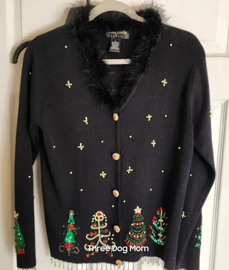 Theme Works Kikit Vintage Cardigan Sweater Women's L Black Christmas Trees Beaded