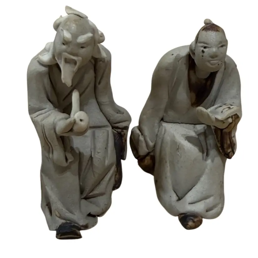 Pair Of Chinese Mud Art Sculptures Small Scholar Vintage