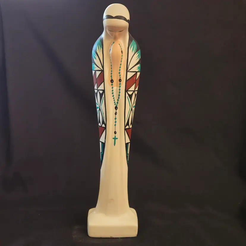 Virgin Mary Ceramic Figurine Hand Painted Artist Signed C Yellowhorse with Condition Issues