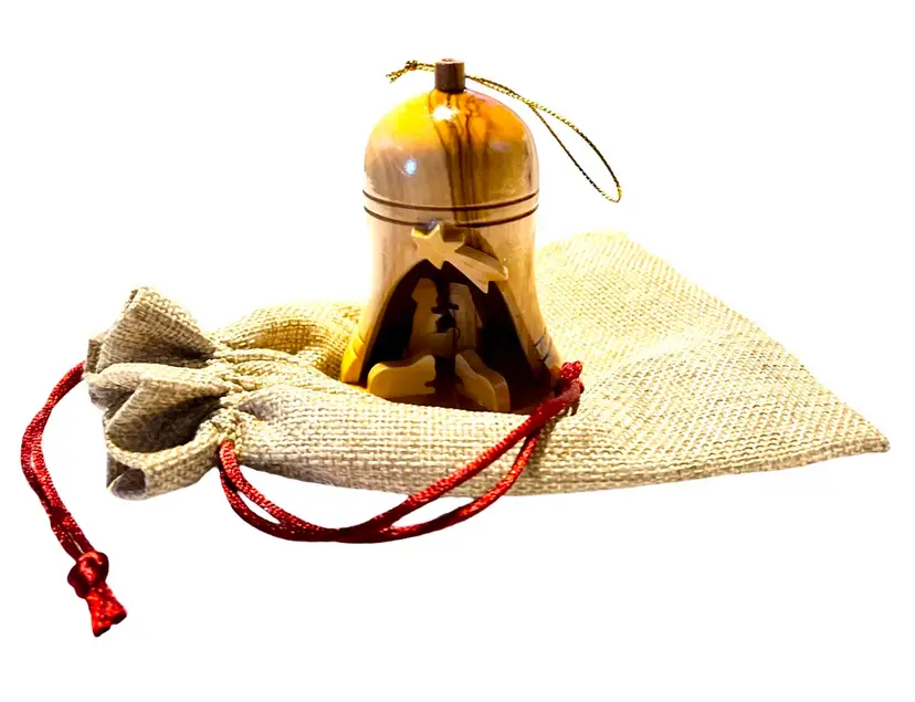 Israel Bell Olive Wood Nativity Ornament From The Holy Land Carved 3 1/2” & Bag
