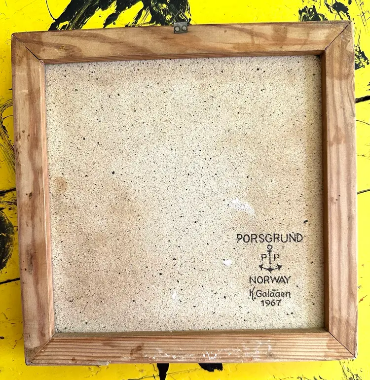 Vintage 1967 Framed 8”x8 Ceramic Tile Porsgrund K Galaaen 1967 Hangable Quite Heavy ship Imagery