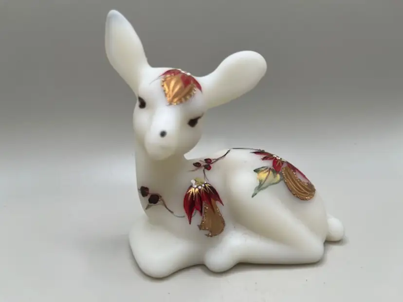 Vintage Fenton Art Glass Laying Deer ~ Hand-Painted and Signed