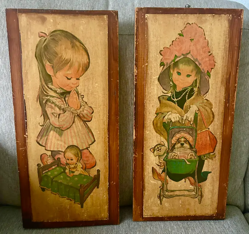 Wood wall hanging. Girls playing.