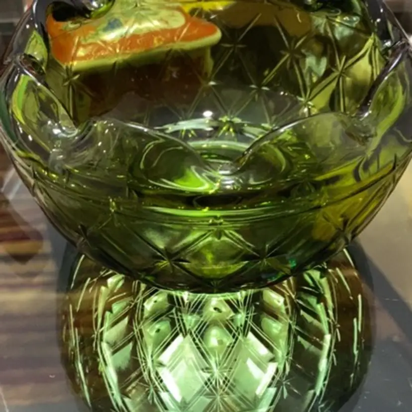 Indiana Glass Avocado Green Duette Quilted Diamond Pattern Rose Bowl, 5.5" Wide