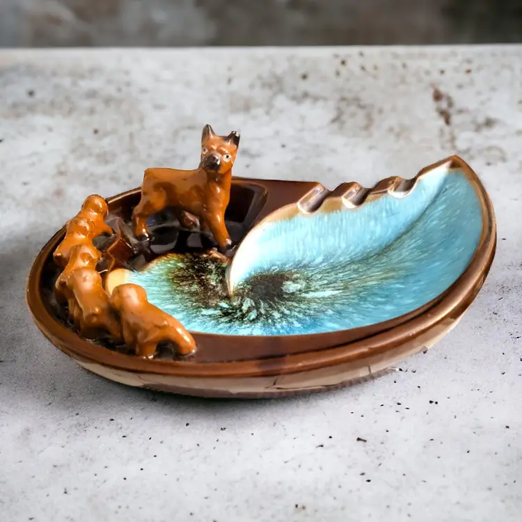 Vintage Boxer Dog and Puppies Rossini Ceramic Ashtray Japan MCM Blue Brown