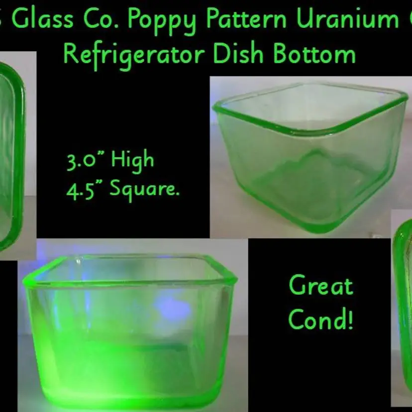 Antique US Glass, Square, Uranium Glass, POPPIES Embossed Fridge Dish, Scarce!
