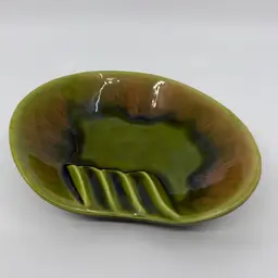 Vintage Mid-Century Modern Green  Drip Glaze Pottery Ashtray  3358 USA