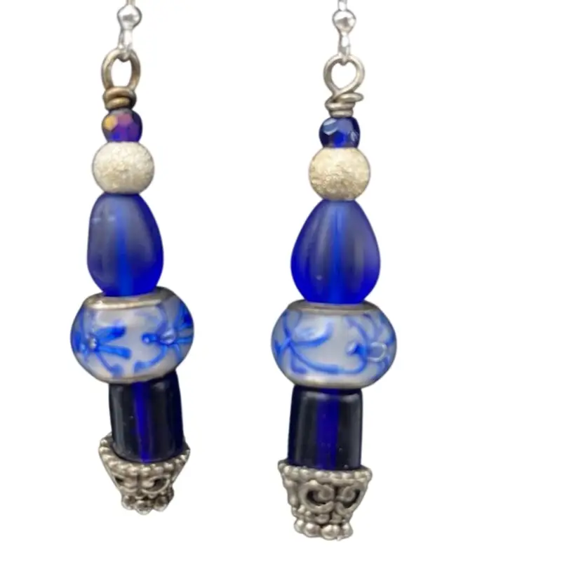 Cobalt Blue Vintage Pressed Glass Drop Earrings