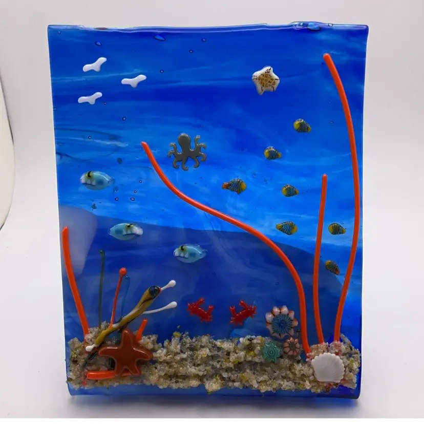 Made by Me! Fused Glass FREE STANDING Panel 5.5” x 5” x 2.5 3D Ocean Theme Handcrafted Studio Art