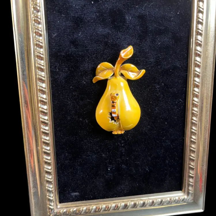 Difficult to Find Brooch: Yellow enamel Pear w/ Worm Coming Out! Gold Tone Figural