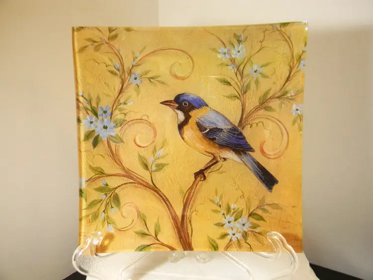 Bird Floral Design Glass Decorative Plate